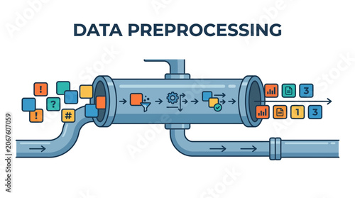 Conceptual data preprocessing pipeline flat vector illustration.