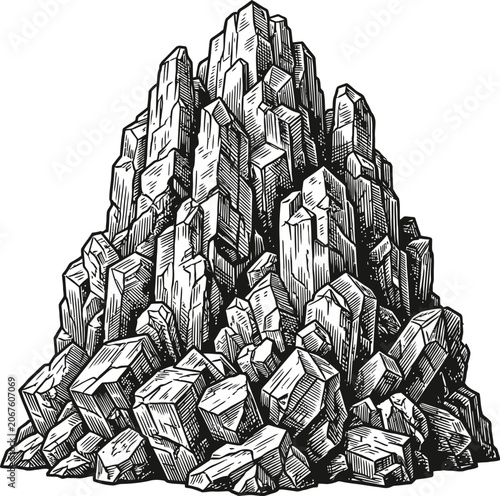 A detailed black and white illustration of a jagged mountain peak made of sharp, crystalline rocks. The geological formation is depicted with intricate line work, suggesting a rough, natural texture.
