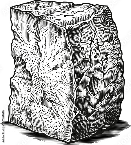 Detailed illustration of a rough, cracked stone block with a textured surface, presented in black and white etching style. Isolated element.