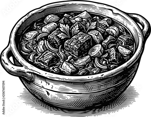Rustic clay pot filled with hearty stew, detailed illustration of food preparation and comfort meal, rustic culinary art