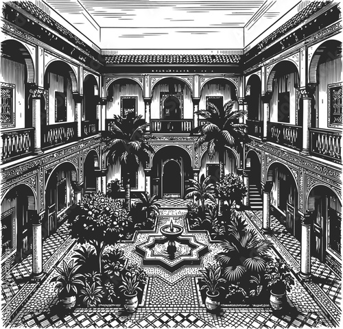 Detailed vintage architectural line drawing of a grand courtyard, featuring symmetrical arches, ornate balconies, and abundant plant life, in a monochrome style.