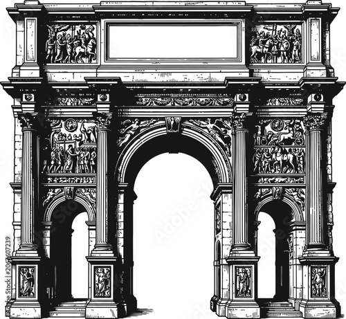 Detailed black and white illustration of a triumphal arch, featuring intricate carvings, statues, and classical architectural elements. Represents a monumental historic landmark.