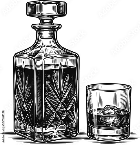 Vintage engraved decanter with whiskey and ice-filled rocks glass, etched glass detail, classic barware illustration
