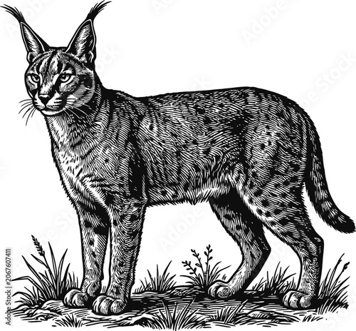 Vintage illustration of a caracal standing on grass, detailed etching style, black and white, majestic wild cat, safari theme