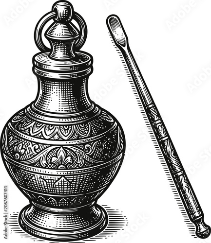 Vintage kohl applicator and pot, ornate antique cosmetic container, kohl eyeliner tool, historical beauty accessory, Middle Eastern, North African, decorative etching, engraved patterns