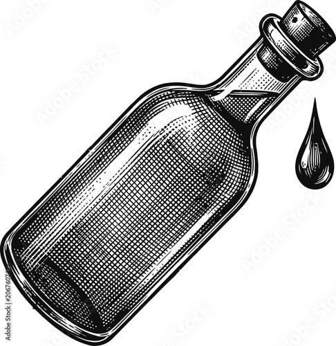Vintage glass bottle with cork stopper, containing liquid and a dripping drop, engraved illustration style, isolated on white