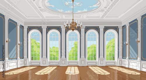Schilderij op canvas Luxurious Empty Ballroom Interior Vector Illustration Featuring Classical Archit