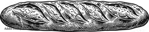 A vintage black and white illustration of a whole loaf of bread, detailed with hatching to show texture on the crust. Suitable for bakery, food, or retro design themes.
