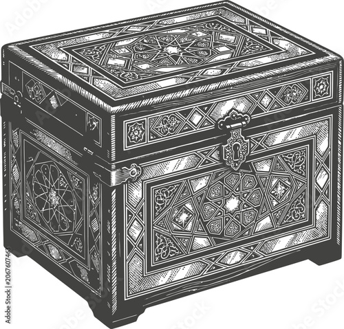 An intricately engraved antique wooden chest with decorative patterns, presented as a vintage storage box or treasure container. Ideal for classical design elements.