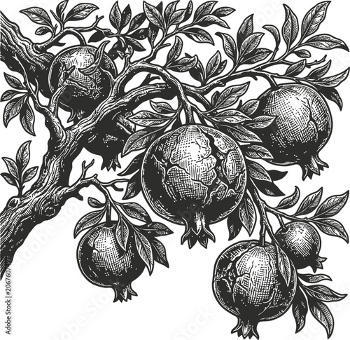 A detailed vintage illustration in woodcut style depicts a tree branch heavy with ripe pomegranates and lush leaves. The linework suggests natural growth and a bountiful harvest.