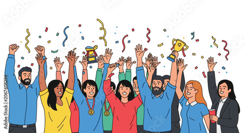 Konstfotografi Diverse group celebrating with trophy.