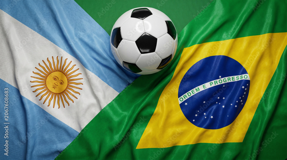 Naklejka premium Hyper-Realistic 3D Render of Argentina and Brazil Soccer Partnership Flags