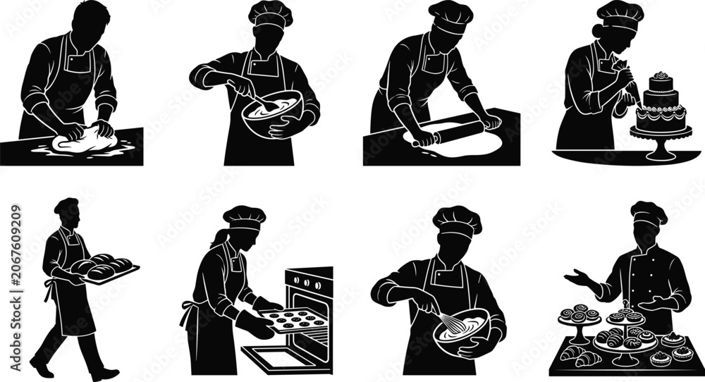 Naklejka premium Silhouette set of professional bakers and pastry chefs preparing bread, cakes, and pastries in a bakery