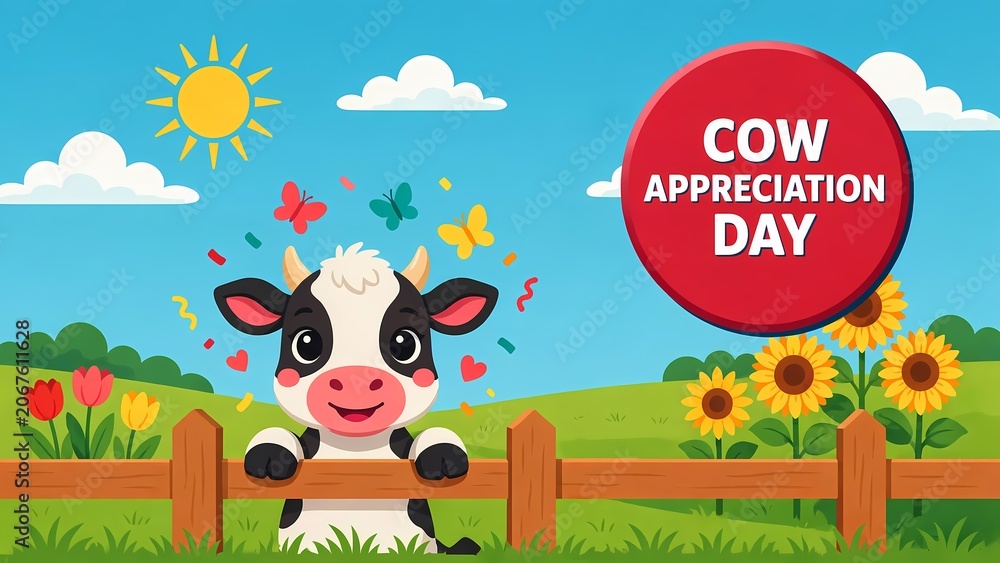 Fototapeta premium Cute cartoon cow standing behind a wooden fence on cow appreciation day