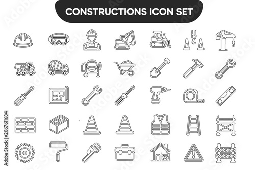 Construction Icons Set – Building Tools, Equipment and Safety Outline Vector Collection
