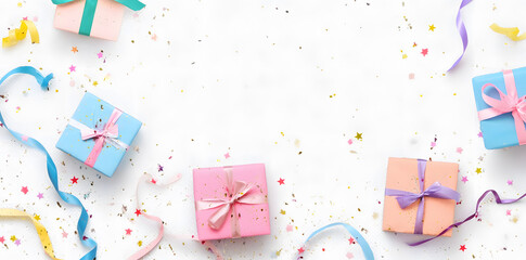 Flat lay festive background with colorful gift boxes and confetti on white, celebration and birthday concept with copy space.