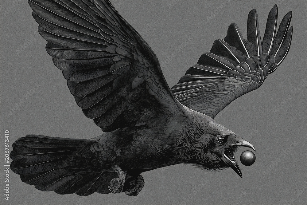 Obraz premium Black Metal Inspired Raven with Fully Spread Wings and Intricate Details