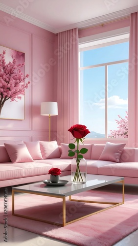 Modern Pink Living Room with Spring Floral Decor.