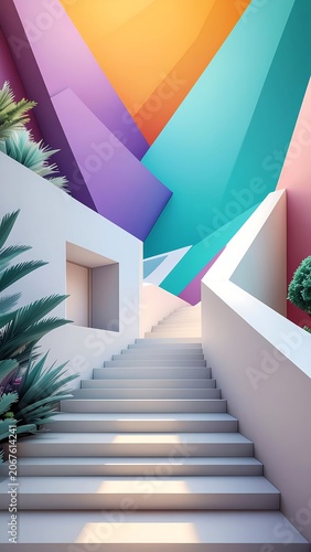Modern Staircase with Colorful Geometric Wall Design.
