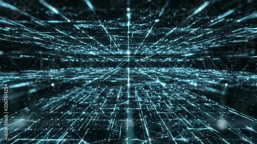 Futuristic blue digital data grid in dark cyberspace