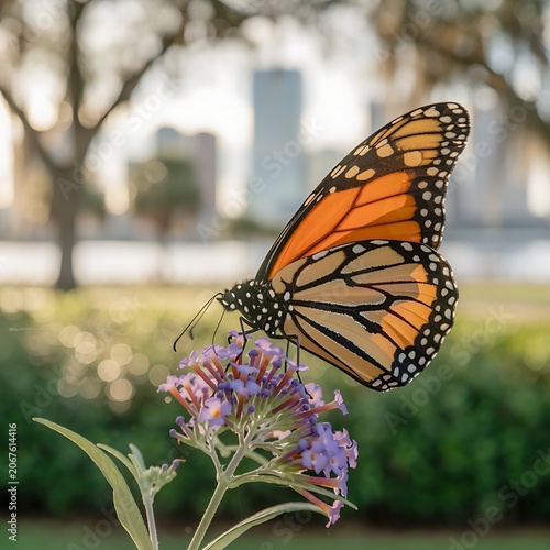 Monarch Butterfly on Purple Flower in Urban Park.