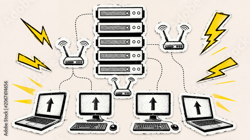 Pop Art Halftone Network Infrastructure and Data Transfer Illustration, Server Connectivity and Distributed Computing Icon in Distressed Torn Paper Collage Style