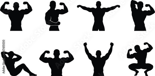 Tableau sur toile Muscular bodybuilder black silhouette vector set featuring fitness workout and m