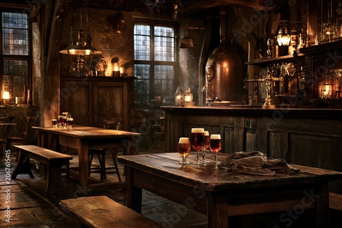 rustic old tavern interior with craft beer glasses on wooden tables in a historic European alehouse, warm candlelit pub atmosphere featuring vintage brewing equipment and traditional architecture