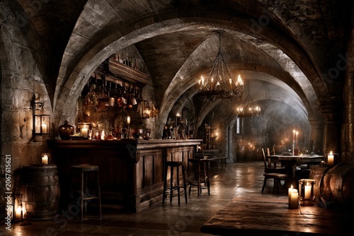 grand medieval tavern interior with stone vaulted arches, candlelit bar, rustic wooden furniture and atmospheric cellar hall in a historic European inn setting