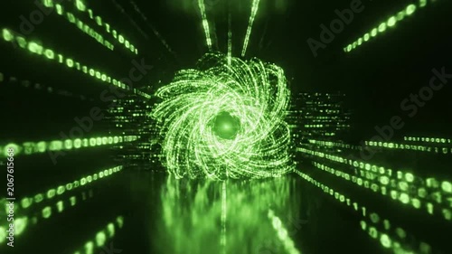 Green binary code stream flowing through digital network space.