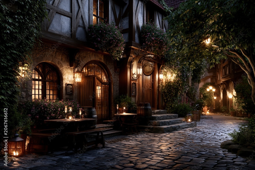 Fototapeta premium traditional European tavern exterior on a charming cobblestone lane, timber framed architecture with flower boxes, glowing lanterns and outdoor seating, romantic old town atmosphere.