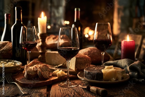 rustic wine and cheese tasting in a medieval tavern, red wine glasses, artisan cheeses, fresh bread, candlelit dining table, traditional, warm fireplace atmosphere, gourmet rustic cuisine scene