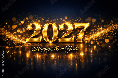 Luxury New Year 2027 Celebration Banner with Metallic Gold Numbers on Navy Gradient