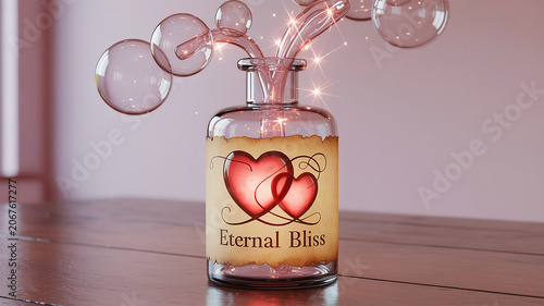 Apothecary bottle with heart illustrations and glowing string lights and bubbles emerging from top romantic apothecary decorative conceptual illumination