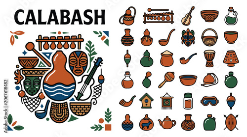 Cuadro en lienzo African calabash gourd icons set, traditional tribal artifacts and musical instr