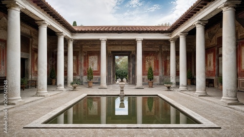 The atrium of an ancient Roman villa, a square impluvium reflecting colonnade and sky.