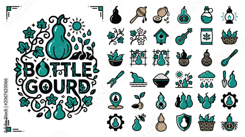Foto Bottle gourd icon set, calabash vegetable vector collection, agricultural farmin