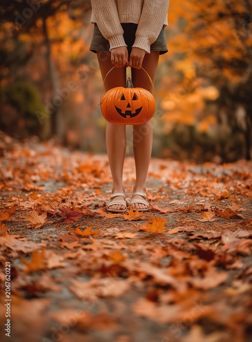 Person Holding Jack O Lantern Pumpkin on Autumn Forest Path