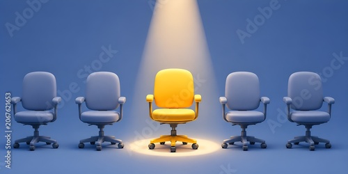 A standout yellow office chair illuminated under a spotlight among gray chairs, symbolizing leadership, recruitment, talent selection, career opportunity, and business excellence.