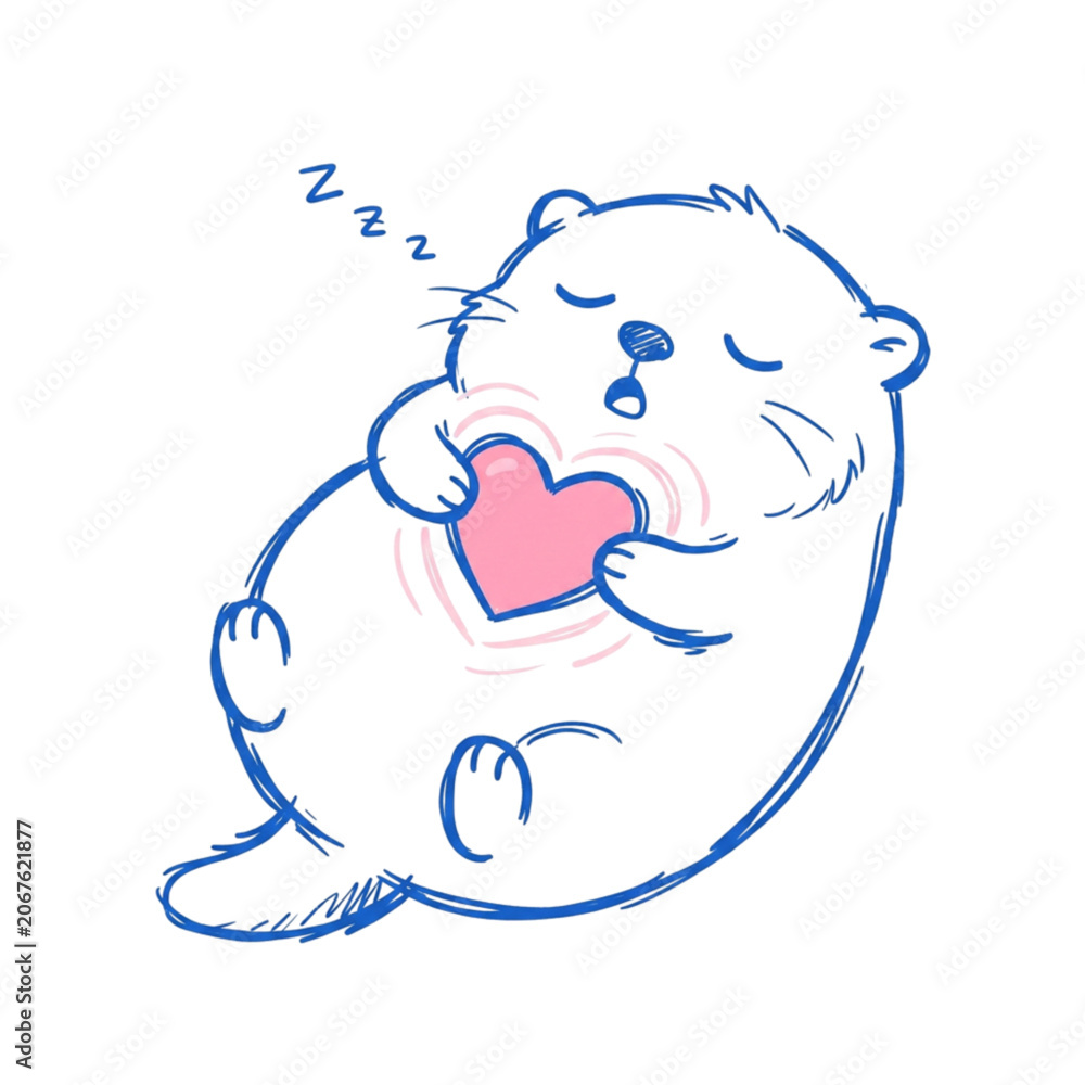 Fototapeta premium Cute Sleeping Otter Holding Heart: A charming, hand-drawn illustration of a plump otter, fast asleep and clutching a pink heart to its chest, radiating a gentle glow of love and peace.