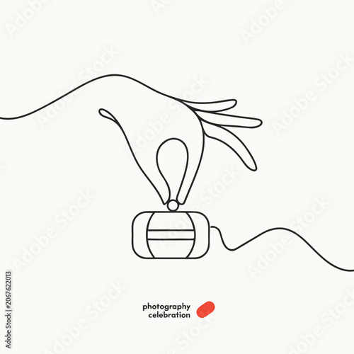 Continuous line drawing hand holding lightbulb, photography celebration concept, creative inspiration, innovative idea