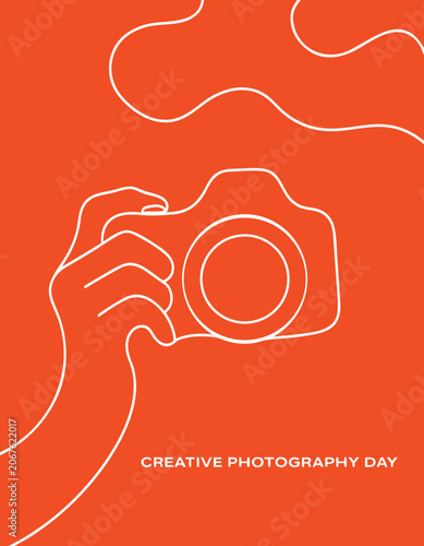 Creative photography day, orange background, camera icon, minimalist design, vector graphics