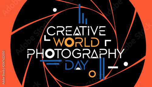 Creative World Photography Day, photography logo, camera lens design, orange and black graphic