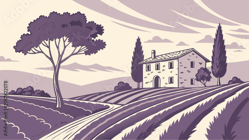 Tuscany landscape with lavender fields and traditional stone house vector