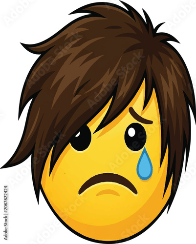 Sad Crying Emo Emoji with Spiky Brown Hairstyle Vector Illustration