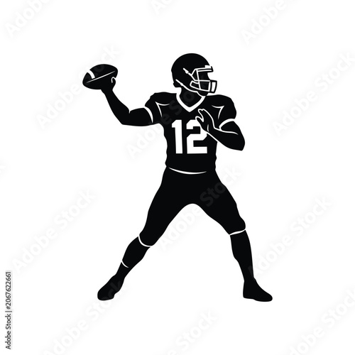 Картината върху платно American football quarterback throwing ball in silhouette against a white backgr