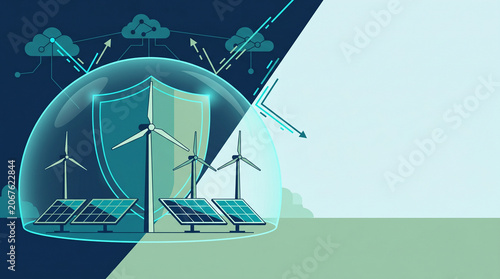 Renewable energy grid protected by digital shield graphic illustration