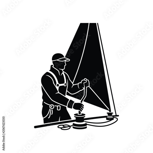 Konstfotografi Sailor adjusting winch with mainsail during sailing on white background vector i
