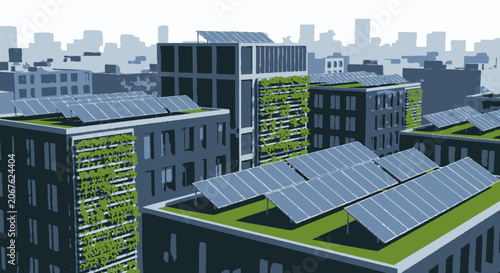 Rooftop solar panels and green walls on modern buildings.