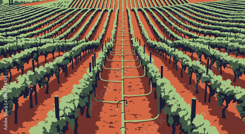 Rows of vibrant green grapevines in a vineyard.